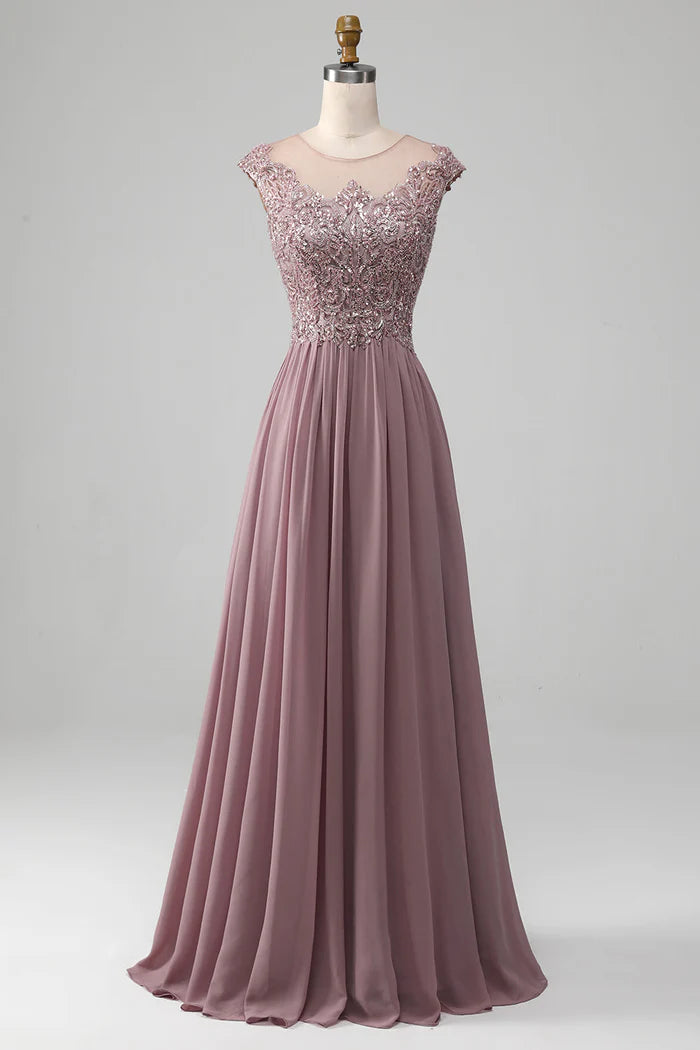Weitese Dress A-Line Beaded Blush Plus Size Chiffon Prom Dress Maxi Dress Zipper Sleeveless Party Dress
